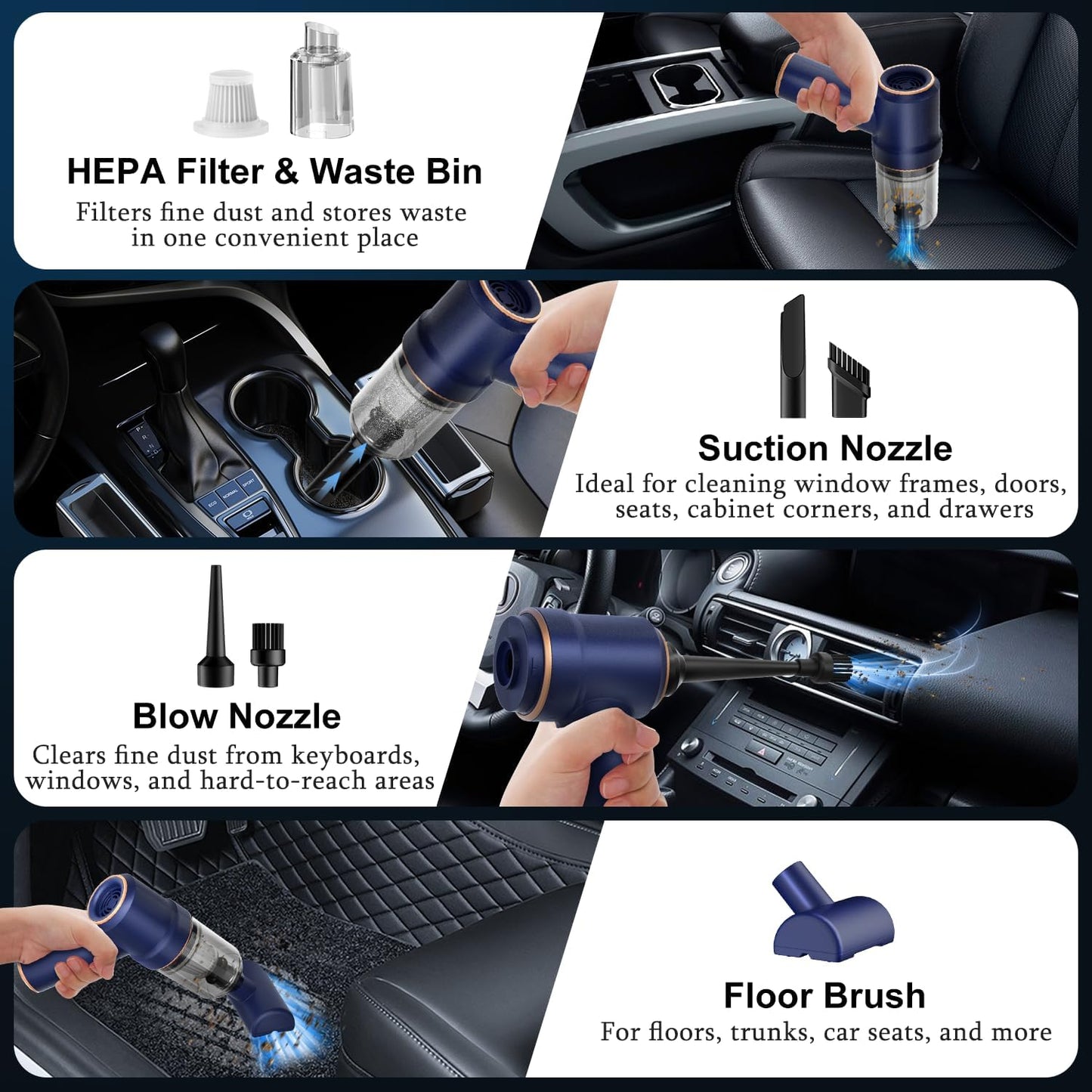 Handheld Car Vacuum Cleaner, Hand Held Vacuum Cleaner and Air Duster | 9000PA Strong Suction, Cordless, 120W High Power, Multi-Nozzles & LED Light, for Home, Car, Office, Pet