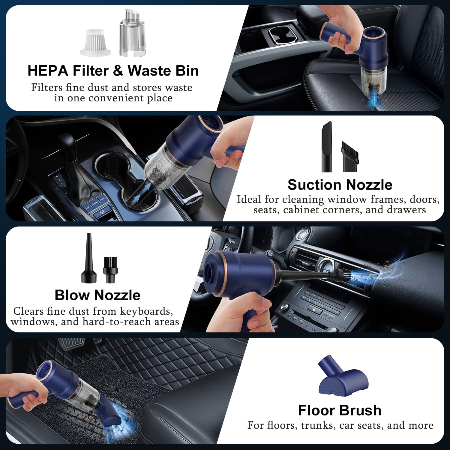 Handheld Car Vacuum Cleaner, Hand Held Vacuum Cleaner and Air Duster | 9000PA Strong Suction, Cordless, 120W High Power, Multi-Nozzles & LED Light, for Home, Car, Office, Pet