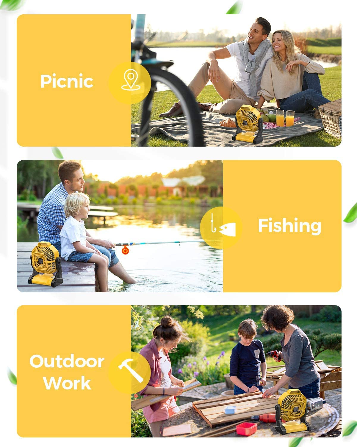 Portable Camping Fan, Rechargeable Battery Powered Tent Fans for Camp Hanging, [8-36Hrs Runtime], 9 Inch, Stepless Speed, Powerful&Quiet, for Picnic, Barbecue, Fishing, Travel, Home, Tent