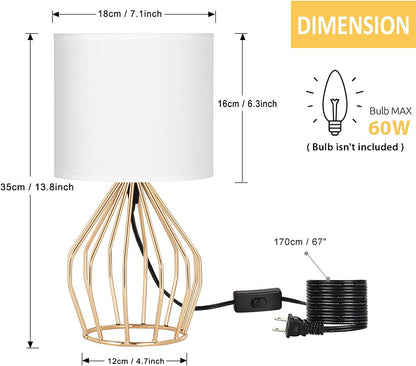 Gold Table Lamp - Modern Style Desk Lamp,13.8Inch,E26 Base | Hollowed Out Base, Linen Fabric Shade, Small Golden Bedside Lamp for Bedrooms, Living Room