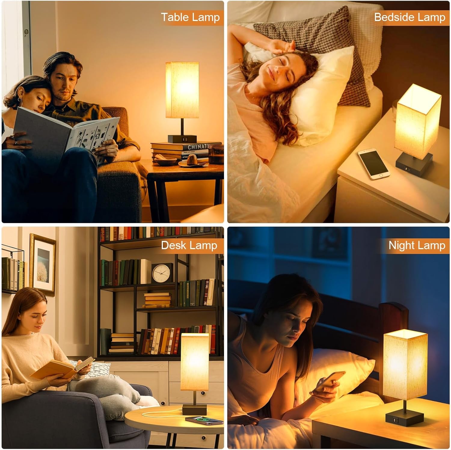 Bedside Table Lamp Touch Control with USB A+ C Nightstand Lamps | Small Lamp for Bedroom, 3 Way Dimmable for Home Living Room, LED Bulb Included, Upgraded Fabric Shade