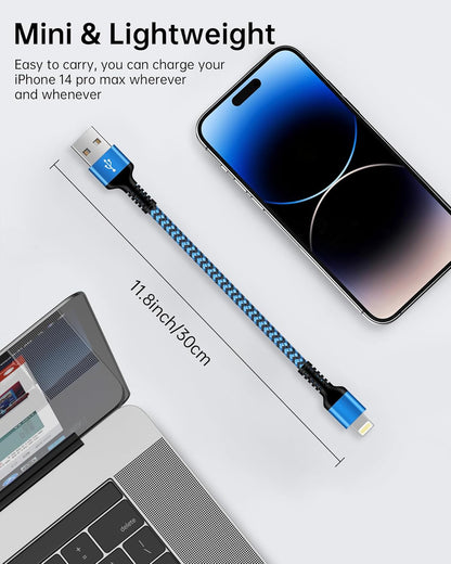 Short Iphone Charger Cord, 1Ft/2Pcs USB a to Lightning Cable Fast Charging | [Apple MFI Certified] Braided Phone Charger Data Sync for Iphone 14 Pro Max 13 12 Pro/11/Xs/Xr/X/Se/8 Plus/7/6S, Ipad for Car