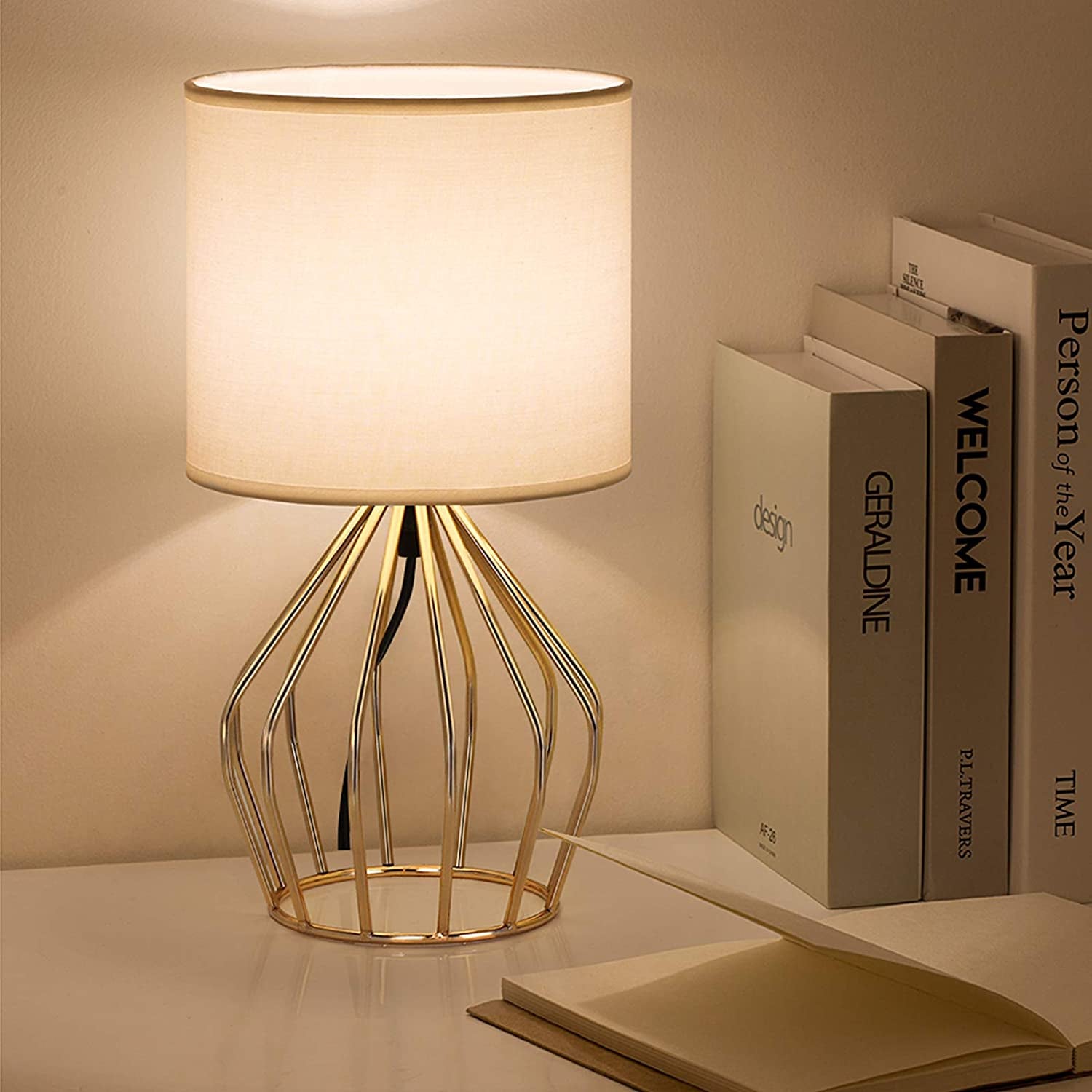Gold Table Lamp - Modern Style Desk Lamp,13.8Inch,E26 Base | Hollowed Out Base, Linen Fabric Shade, Small Golden Bedside Lamp for Bedrooms, Living Room