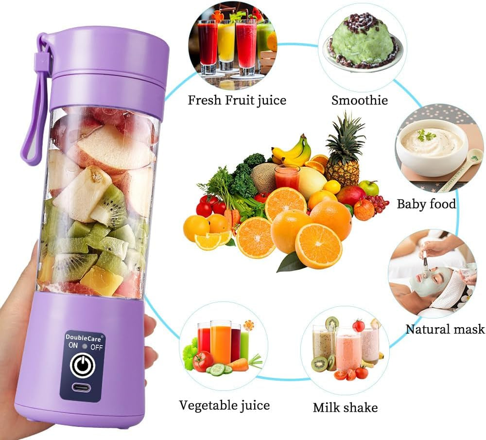 Portable Blender, Electric USB Mini Juicer Blender for Shakes and Smoothies | Six Blades Great for Mixing, Lightweight, 380Ml Travel Blender Cup for Kitchen, Office, Outdoor, Gym or Sports, Purple