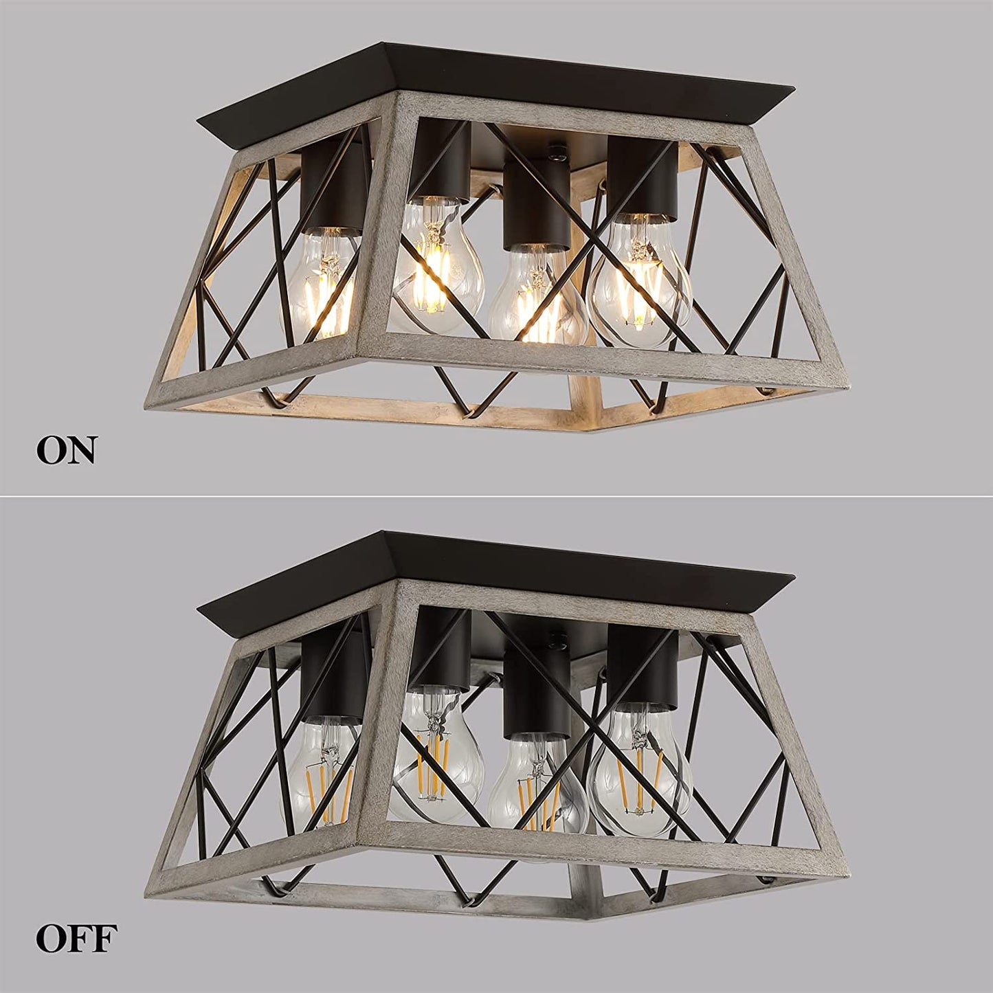 Vintage Farmhouse Flush Mount Ceiling Light Fixture, 4-Light Oak White Semi-Flush Mount Lamp, Rustic Industrial Square Cage Ceiling Light for Dining Room Bedroom Entryway Hallway Kitchen