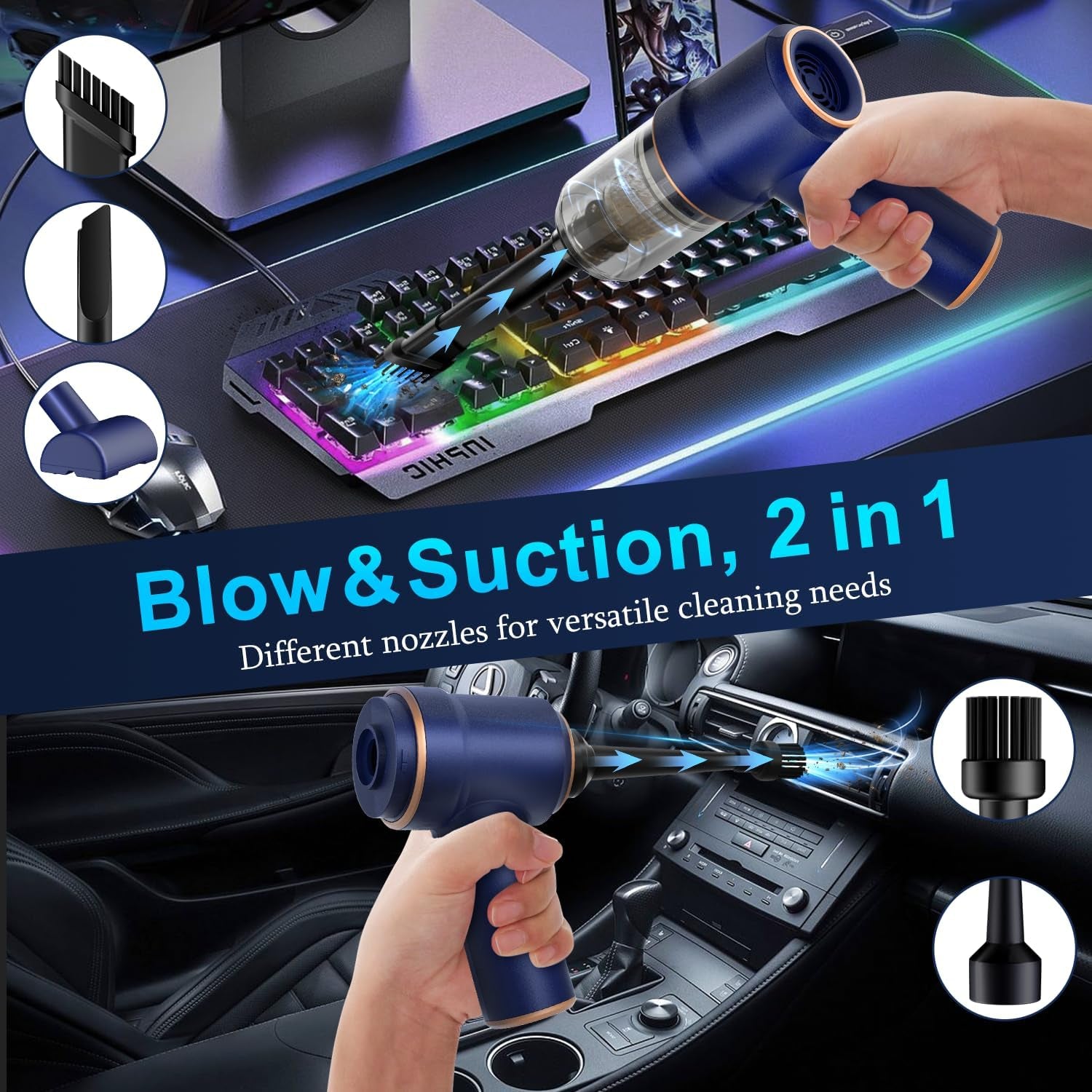 Handheld Car Vacuum Cleaner, Hand Held Vacuum Cleaner and Air Duster | 9000PA Strong Suction, Cordless, 120W High Power, Multi-Nozzles & LED Light, for Home, Car, Office, Pet