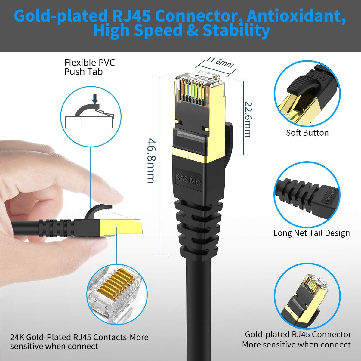 Cat 8 Ethernet Cable 2 FT, Cat8 Network LAN Cable High Speed 40Gbps with RJ45 Gold Plated Connector SFTP Shielded Cord, 26AWG Gaming Internet Cable for Router, Modem (Black, 2FT 1 Pack)