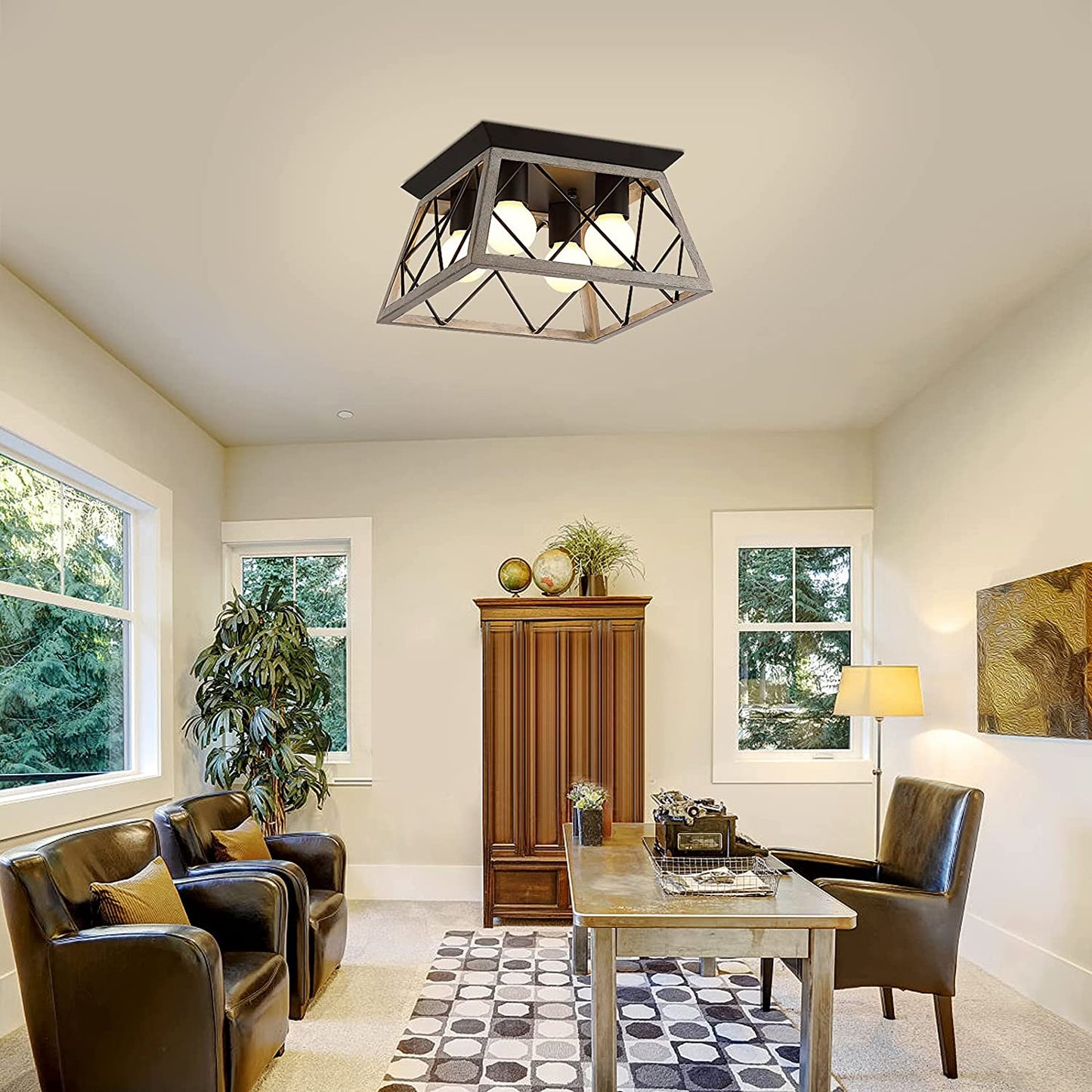 Vintage Farmhouse Flush Mount Ceiling Light Fixture, 4-Light Oak White Semi-Flush Mount Lamp, Rustic Industrial Square Cage Ceiling Light for Dining Room Bedroom Entryway Hallway Kitchen
