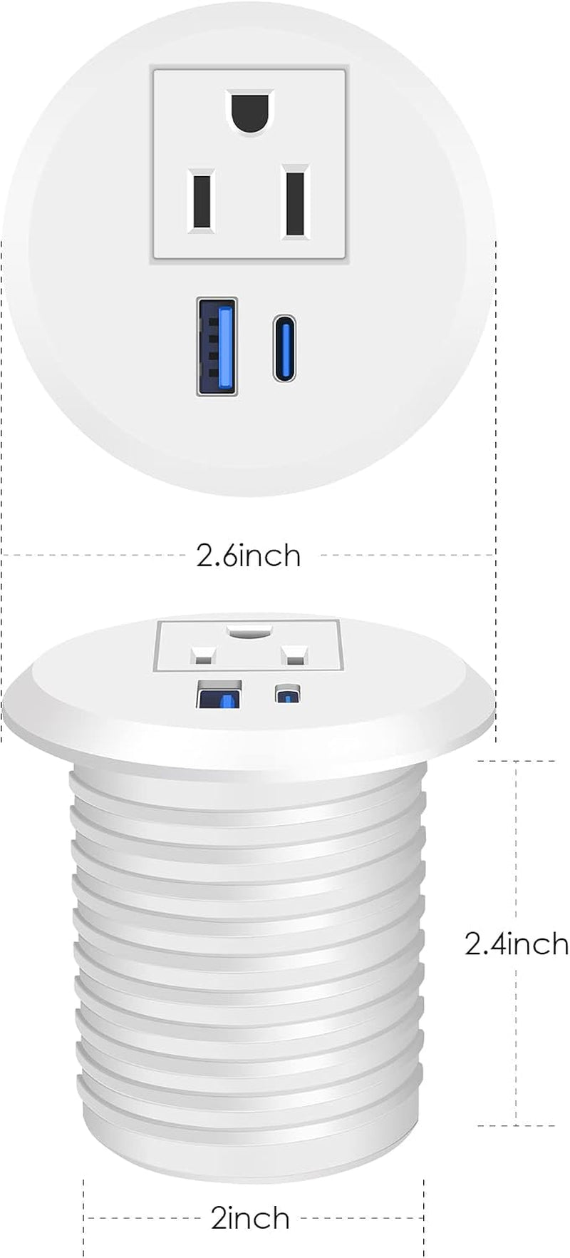 2 Inch Desk Power Grommet with PD 20W USB C,Ultra-Flat Plug Power Strip,Recessed Outlet,Desktop Power Grommet for Office PC Desk Cable Cord Cover,Table Outlets for Home, Office,6 Ft Cable(White) | White,Recessed Outlet,Desktop Power Grommet for Office PC Desk Cable Cord Cover,Table Outlets for Home,Office