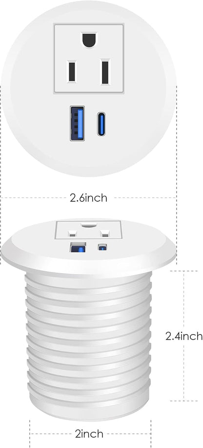 2 Inch Desk Power Grommet with PD 20W USB C,Ultra-Flat Plug Power Strip,Recessed Outlet,Desktop Power Grommet for Office PC Desk Cable Cord Cover,Table Outlets for Home, Office,6 Ft Cable(White) | White,Recessed Outlet,Desktop Power Grommet for Office PC Desk Cable Cord Cover,Table Outlets for Home,Office