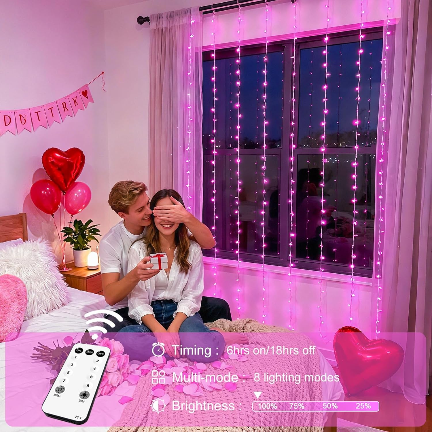300 LED Curtain Lights, Pink String Lights for Bedroom, 9.8X9.8 Ft | Plug in Hanging Lights with Remote, for Dorm, Window, Wall, Birthday Party, Girls' Room, Valentine'S Day Indoor Outdoor Decor