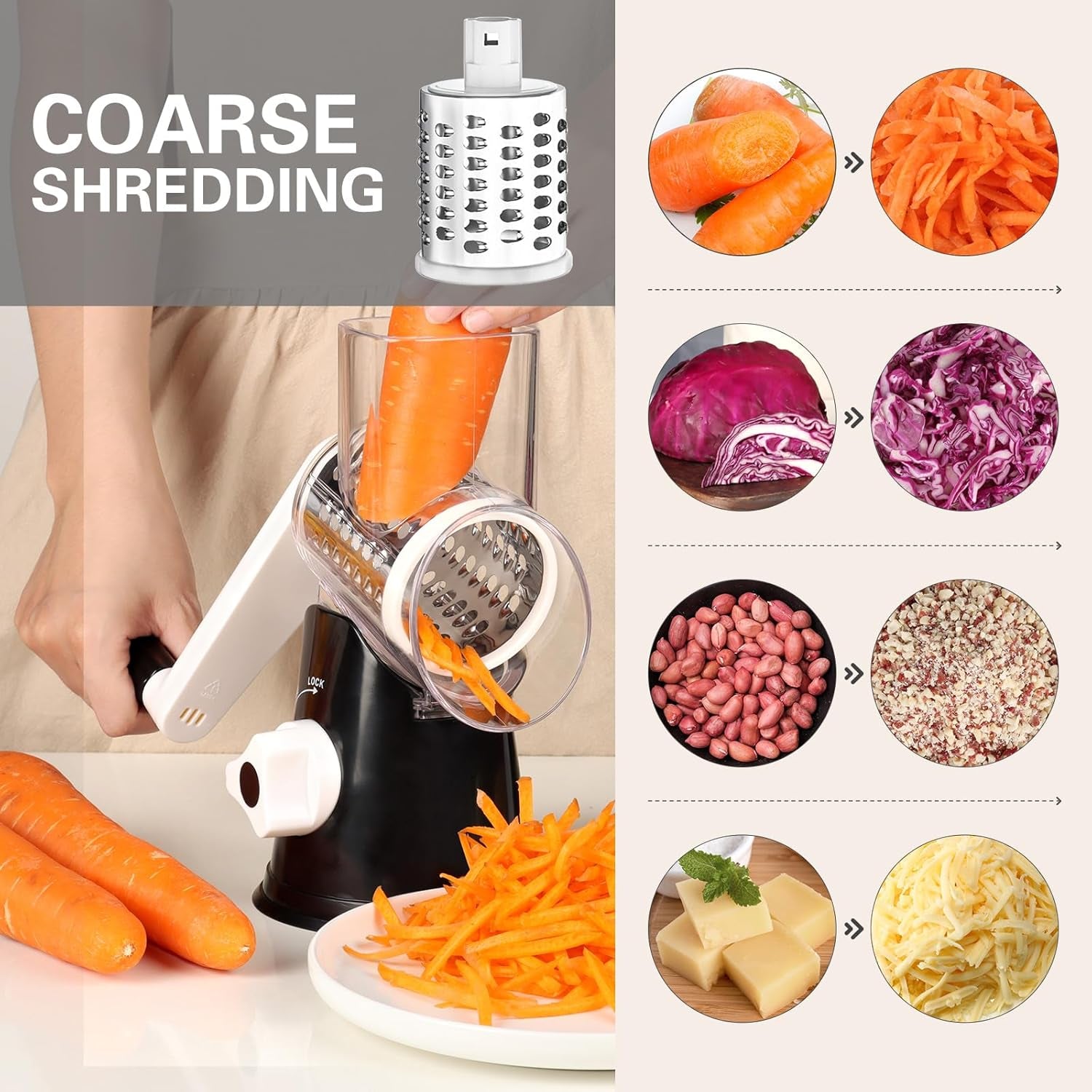 Rotary Cheese Grater Hand Crank Cheese Shredder, Black | for Fresh Cheese, Vegetable, Nuts,Non-Slip Suction Base, Three Blades