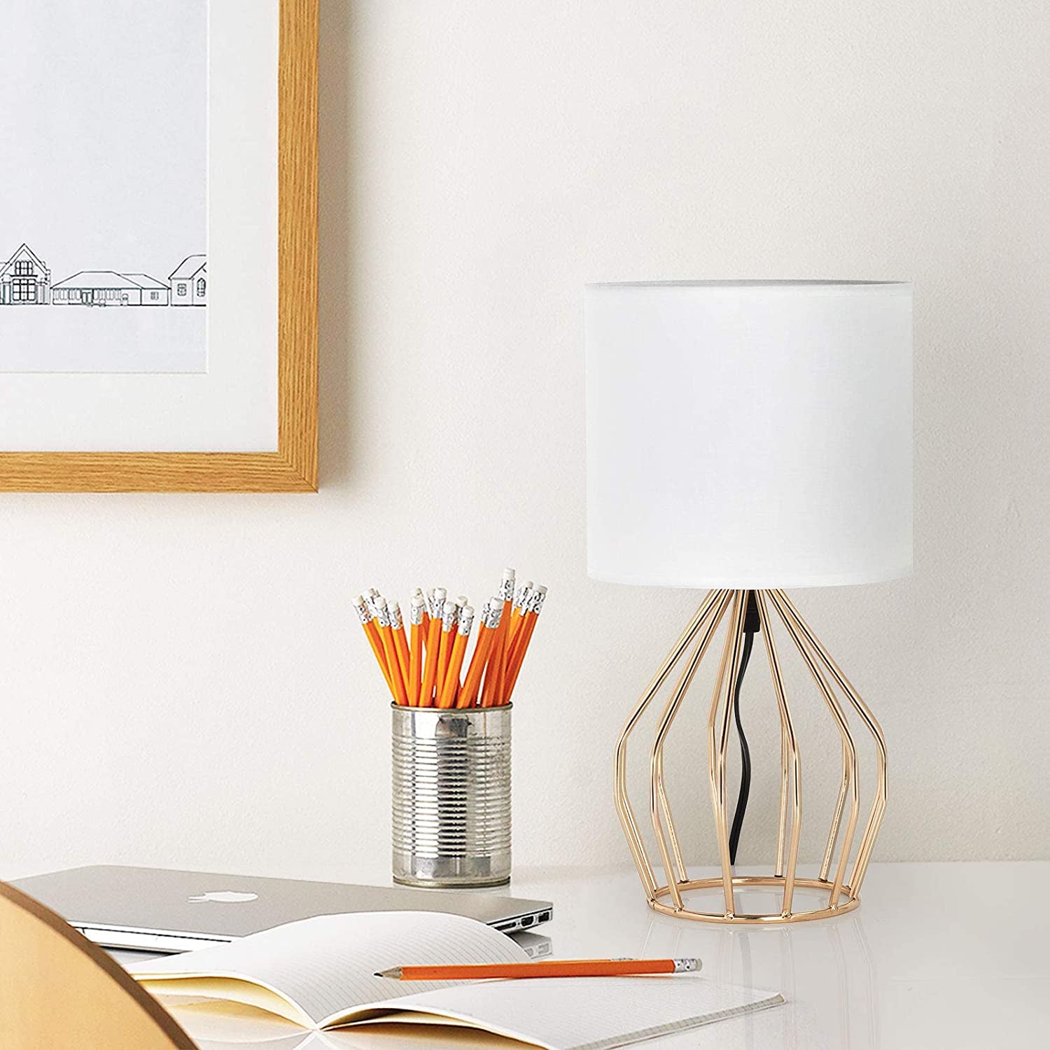 Gold Table Lamp - Modern Style Desk Lamp,13.8Inch,E26 Base | Hollowed Out Base, Linen Fabric Shade, Small Golden Bedside Lamp for Bedrooms, Living Room