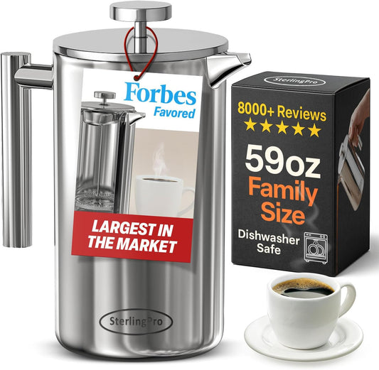 Extra Large Insulated Stainless Steel French Press Coffee Maker 59Oz – Insulated Metal XL Double Wall Coffee Maker | Plastic Free | Cool-Touch | Mirror Finish | Makes up to 16 Cups /8 Mugs
