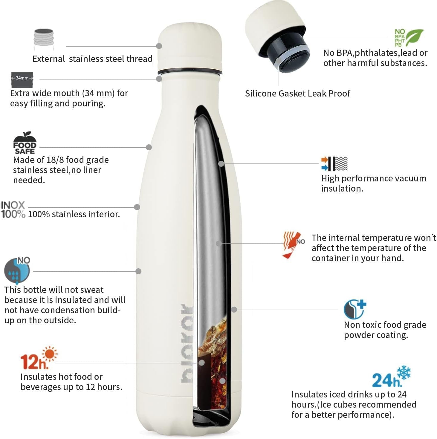 17 Oz Insulated Water Bottle, Stainless Steel Flask, Leak Proof | Double Wall Vacuum, BPA Free, Keeps Hot/Cold, Spill Proof, Sports & Travel, Sweatproof, Angle White