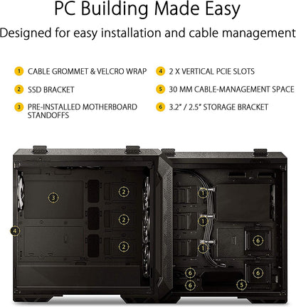 ASUS TUF Gaming GT501 Mid-Tower Gaming Case, EATX Support, Pre-Installed 4 Case Fans, USB 3.0 Front Panel, Smoked Tempered Glass, Steel Construction, 2 Year Warranty