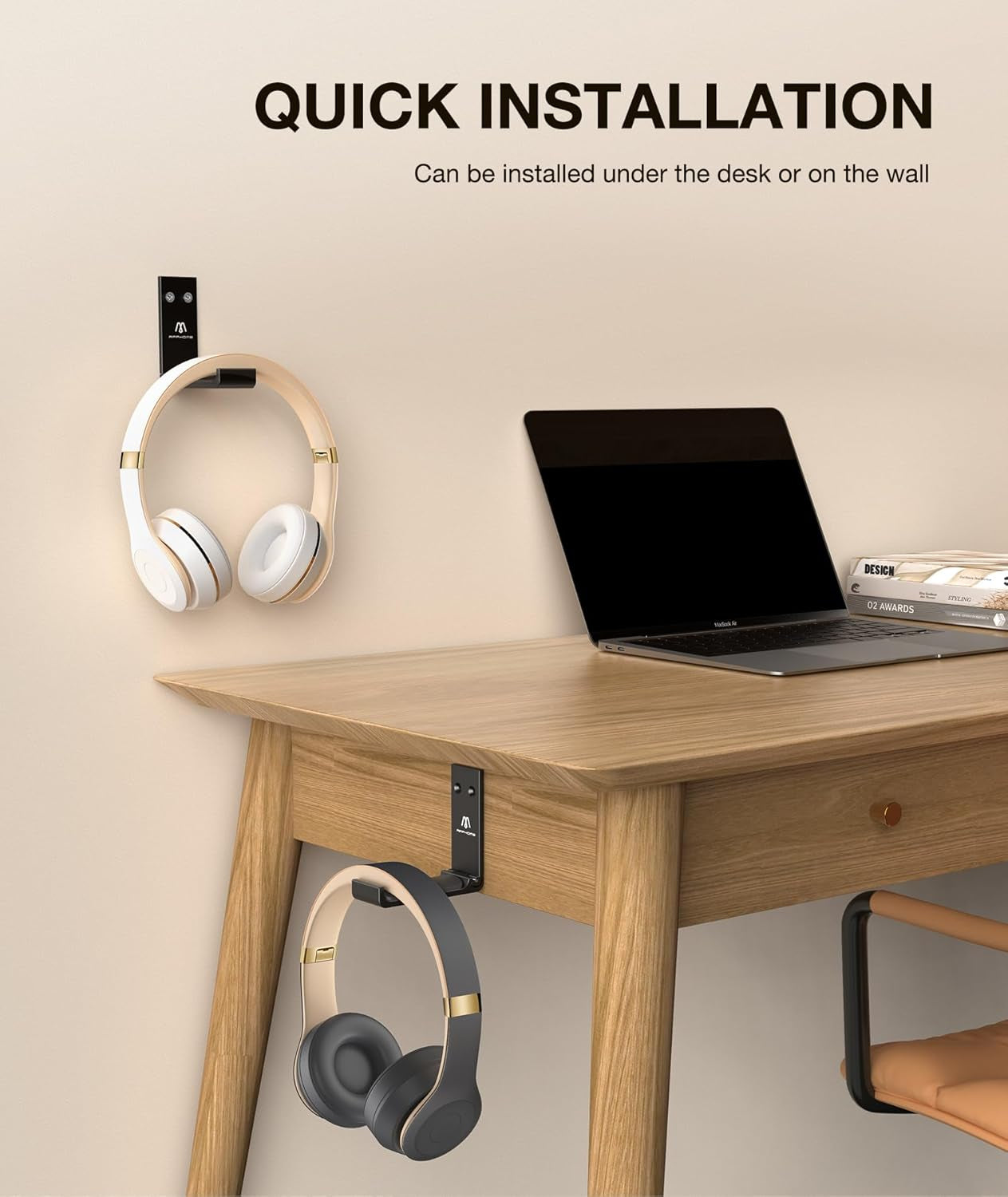Foldable Aluminum Headphone Stand & Headset Holder Mount, under Desk Wall Hook with No-Scratch Silicone Pad, Strong Adhesive Gaming Headset Hanger for PC, Home & Office
