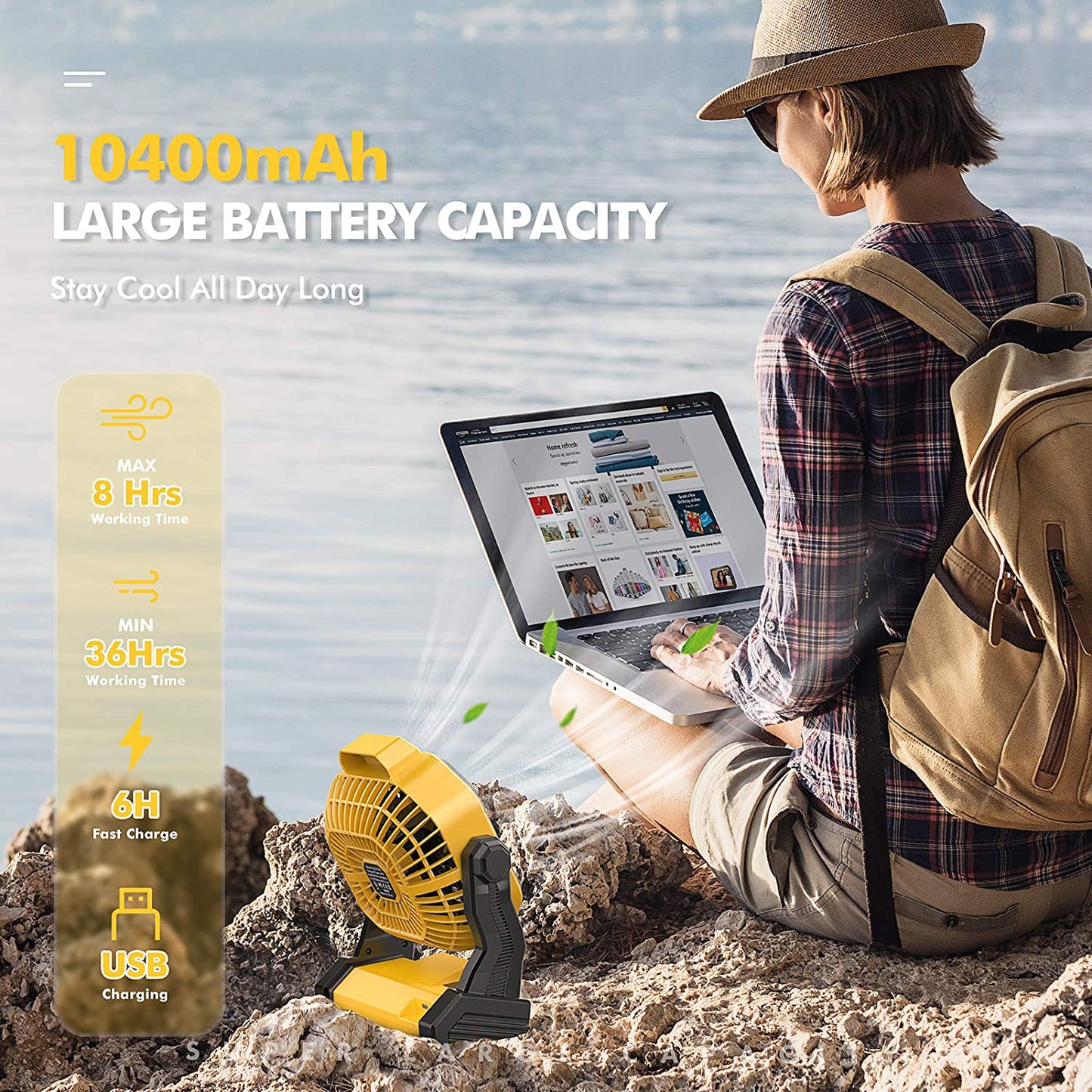 Portable Camping Fan, Rechargeable Battery Powered Tent Fans for Camp Hanging, [8-36Hrs Runtime], 9 Inch, Stepless Speed, Powerful&Quiet, for Picnic, Barbecue, Fishing, Travel, Home, Tent
