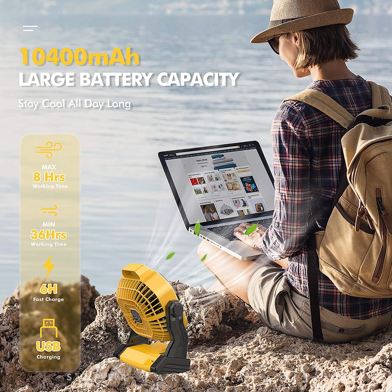Portable Camping Fan, Rechargeable Battery Powered Tent Fans for Camp Hanging, [8-36Hrs Runtime], 9 Inch, Stepless Speed, Powerful&Quiet, for Picnic, Barbecue, Fishing, Travel, Home, Tent