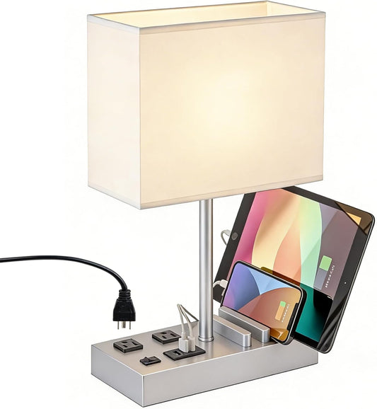 Bedside Table Lamp with 3 USB Charging Ports, 2 AC Outlets and 3 Phone Stands, Modern USB Desk Lamp with Silver Wooden Base