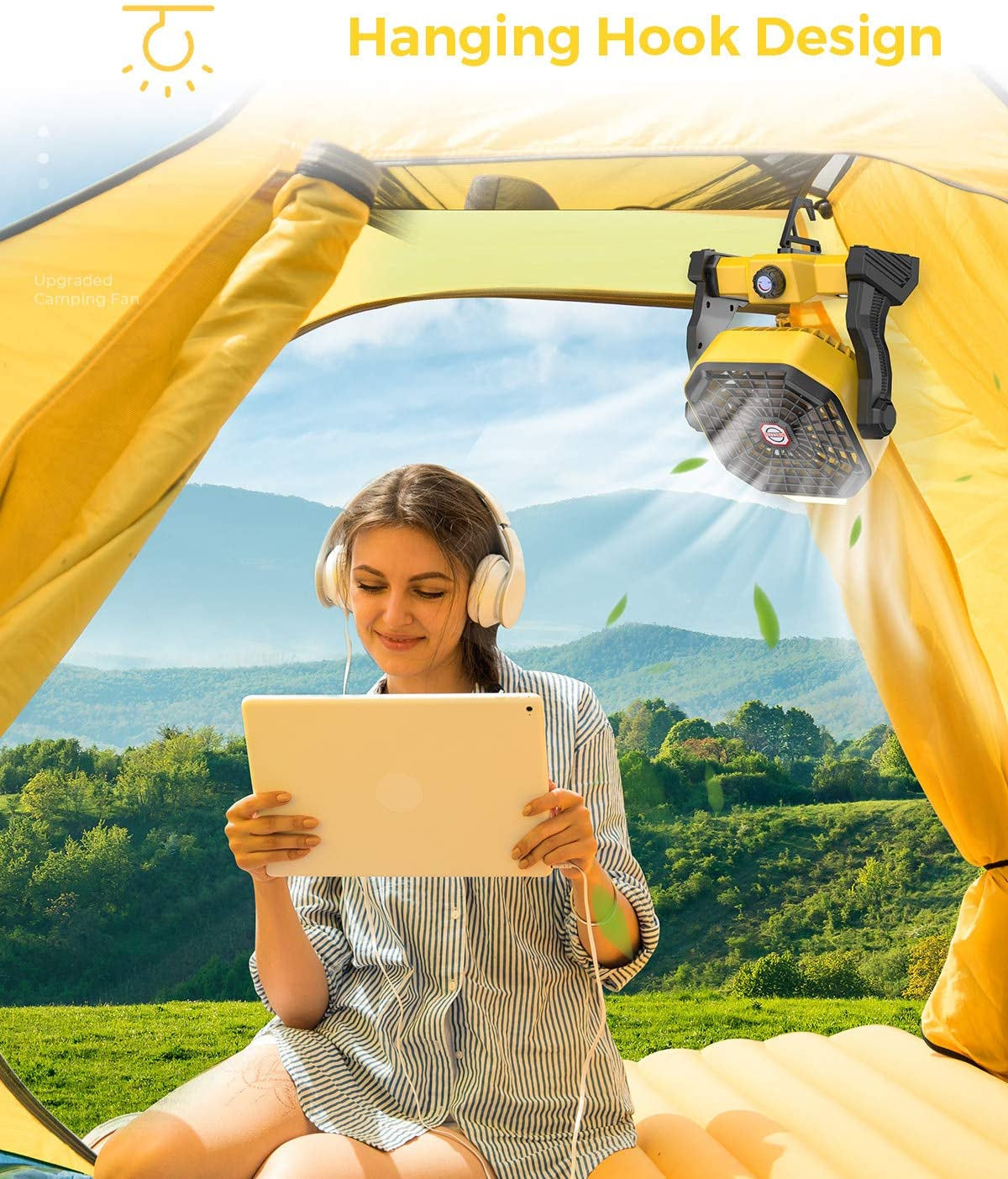 Portable Camping Fan, Rechargeable Battery Powered Tent Fans for Camp Hanging, [8-36Hrs Runtime], 9 Inch, Stepless Speed, Powerful&Quiet, for Picnic, Barbecue, Fishing, Travel, Home, Tent