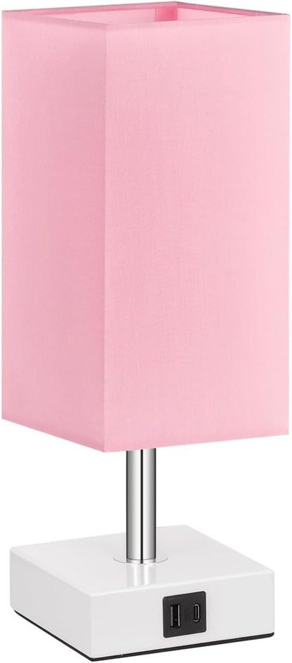 Pink Touch Table Lamp for Bedroom - Dimmable, USB C+A, Girls Bedside Lamp | 3-Way Dimmable, 3000K LED Bulb Included, Square Pink Shade White Base, Cute Room Decor for Teen Girls, Kids, Nightstand, Desk