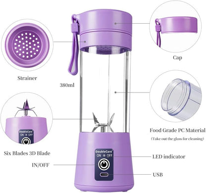 Portable Blender, Electric USB Mini Juicer Blender for Shakes and Smoothies | Six Blades Great for Mixing, Lightweight, 380Ml Travel Blender Cup for Kitchen, Office, Outdoor, Gym or Sports, Purple