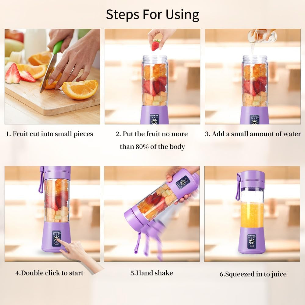 Portable Blender, Electric USB Mini Juicer Blender for Shakes and Smoothies | Six Blades Great for Mixing, Lightweight, 380Ml Travel Blender Cup for Kitchen, Office, Outdoor, Gym or Sports, Purple