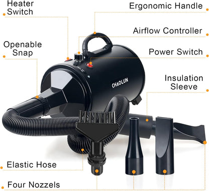 High Velocity Dog Grooming Dryer, Pet Blow Dryer with Heater, Black