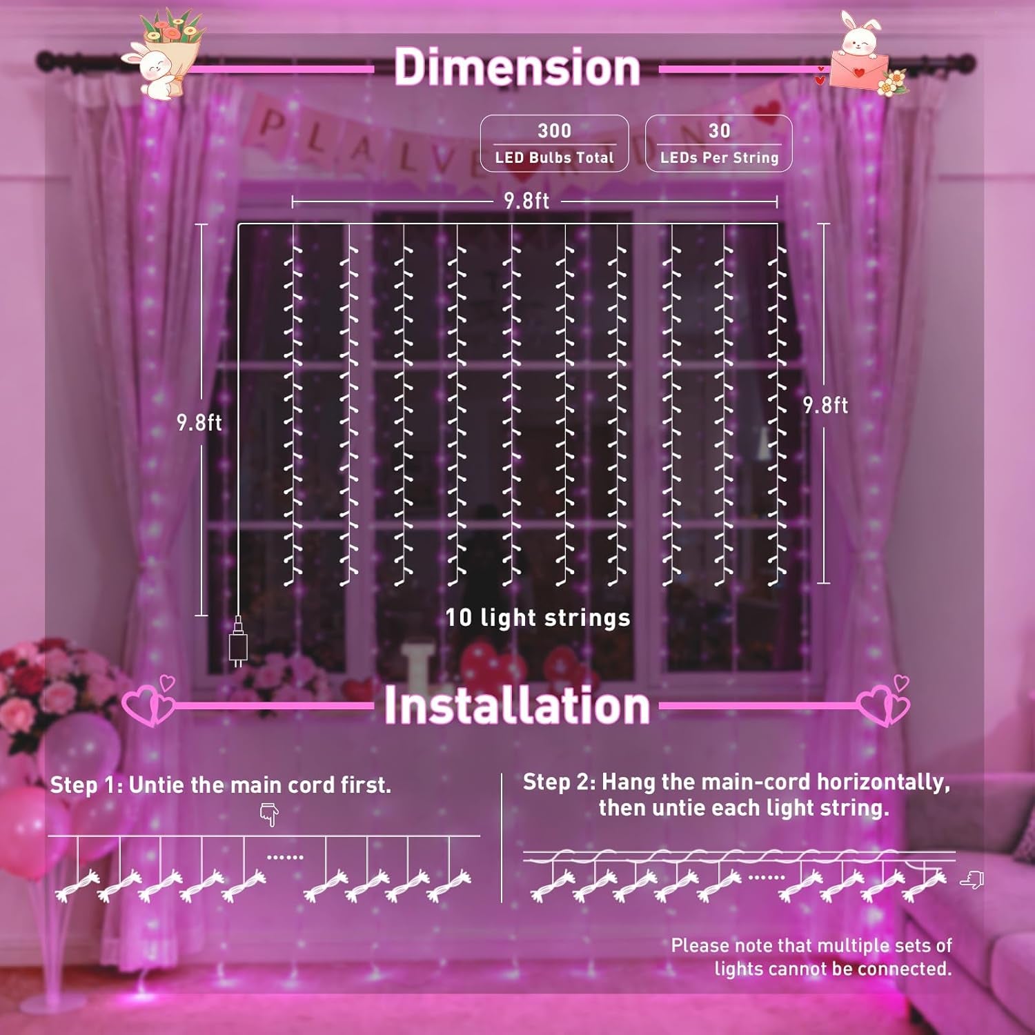 300 LED Curtain Lights, Pink String Lights for Bedroom, 9.8X9.8 Ft | Plug in Hanging Lights with Remote, for Dorm, Window, Wall, Birthday Party, Girls' Room, Valentine'S Day Indoor Outdoor Decor