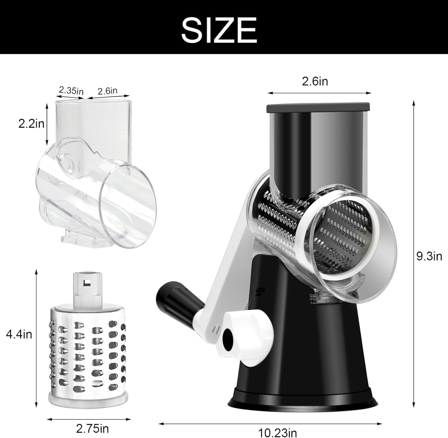 Rotary Cheese Grater Hand Crank Cheese Shredder, Black | for Fresh Cheese, Vegetable, Nuts,Non-Slip Suction Base, Three Blades