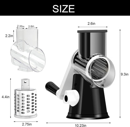 Rotary Cheese Grater Hand Crank Cheese Shredder, Black | for Fresh Cheese, Vegetable, Nuts,Non-Slip Suction Base, Three Blades