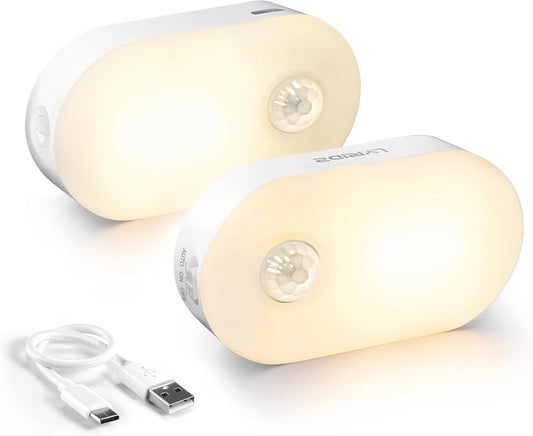 Rechargeable Battery Night Light with Motion Sensor, Portable Mini Warm White LED Stick-On Closet Light, Adjustable Brightness for Bathroom, Bedroom, Kitchen, Cabinet, Stairs, Hallway, 2-Pack