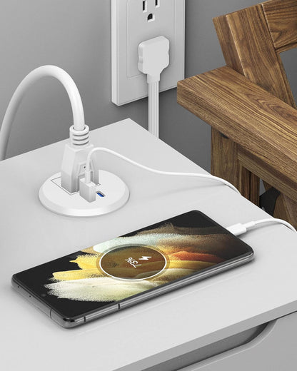 2 Inch Desk Power Grommet with PD 20W USB C,Ultra-Flat Plug Power Strip,Recessed Outlet,Desktop Power Grommet for Office PC Desk Cable Cord Cover,Table Outlets for Home, Office,6 Ft Cable(White) | White,Recessed Outlet,Desktop Power Grommet for Office PC Desk Cable Cord Cover,Table Outlets for Home,Office