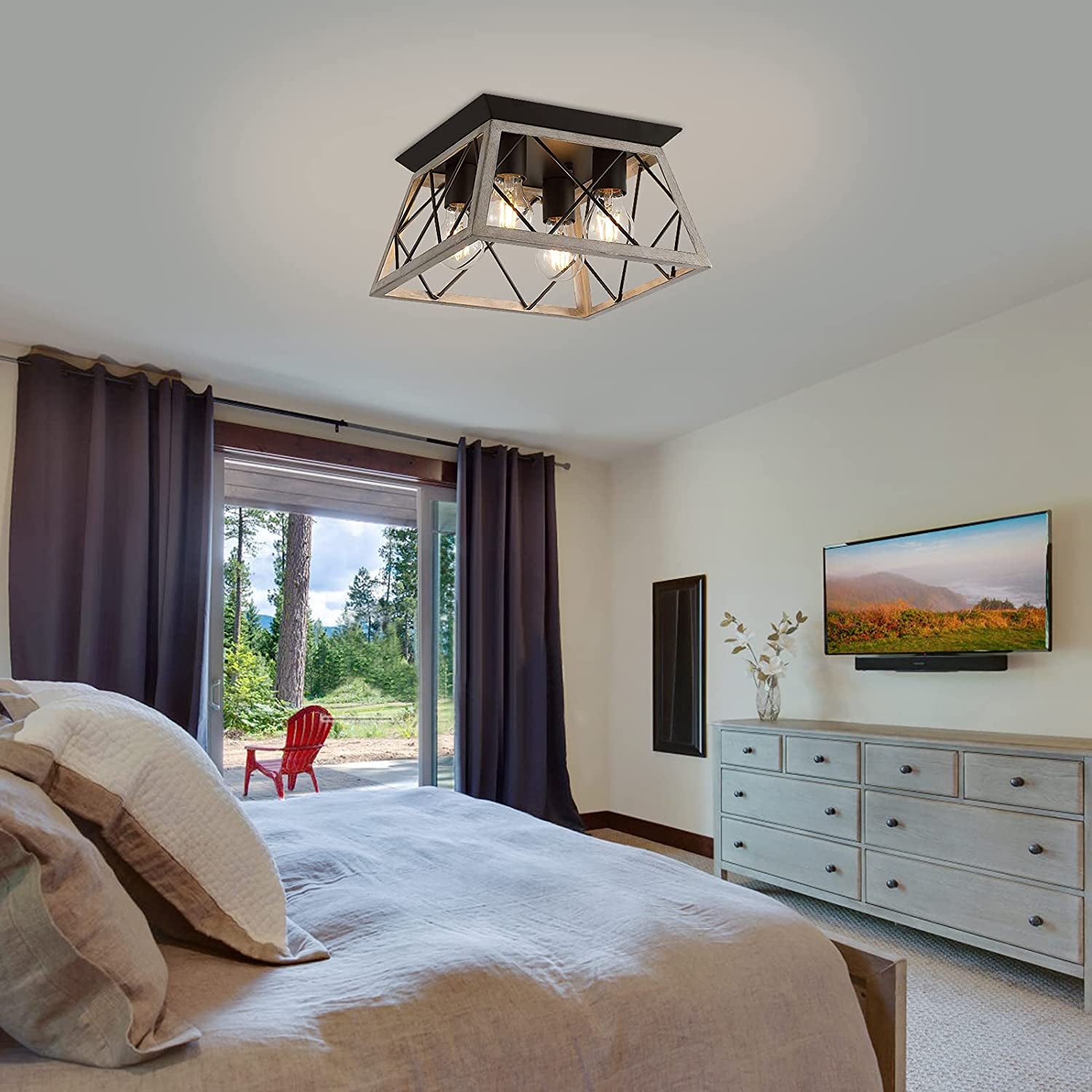 Vintage Farmhouse Flush Mount Ceiling Light Fixture, 4-Light Oak White Semi-Flush Mount Lamp, Rustic Industrial Square Cage Ceiling Light for Dining Room Bedroom Entryway Hallway Kitchen