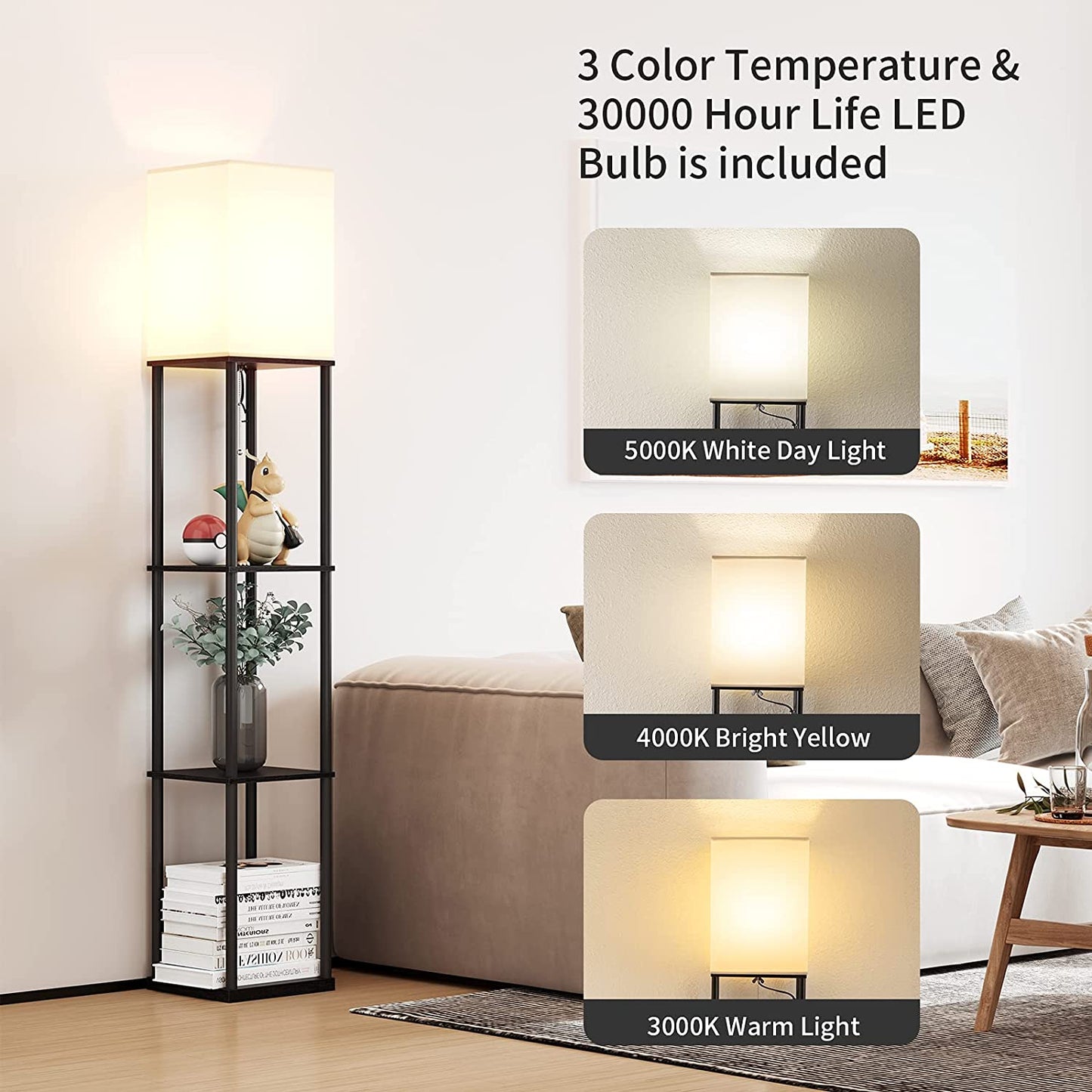 Floor Lamp with Shelves, Standing Lamps for Living Room, Black | 3 CCT LED Bulb Include, 4-Tier Display Bookshelf, 63" Tall Corner Shelf Lamp, Modern Style for Bedroom, Office, Home Decor