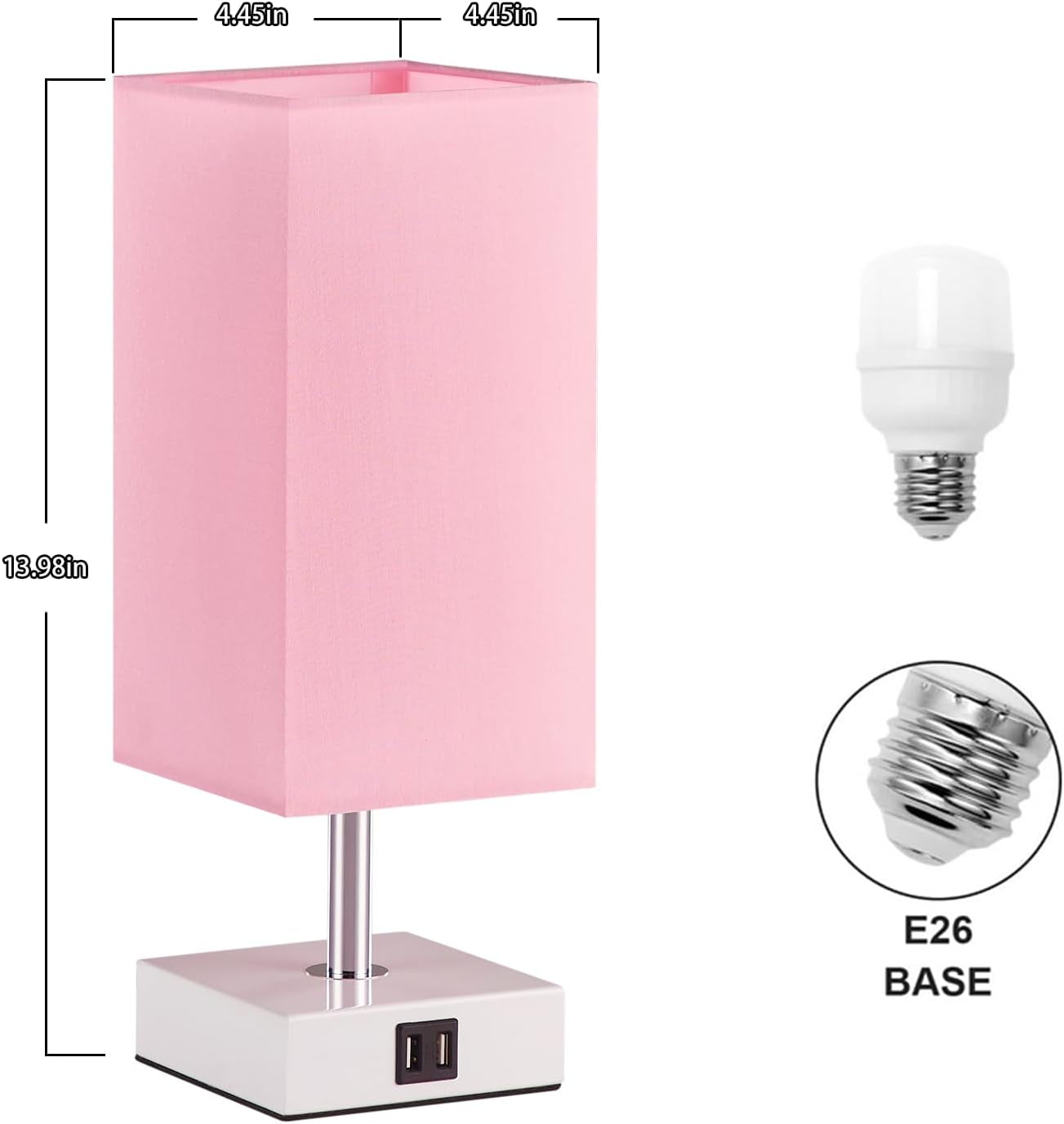 Pink Touch Table Lamp for Bedroom - Dimmable, USB C+A, Girls Bedside Lamp | 3-Way Dimmable, 3000K LED Bulb Included, Square Pink Shade White Base, Cute Room Decor for Teen Girls, Kids, Nightstand, Desk