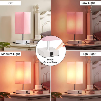 Pink Touch Table Lamp for Bedroom - Dimmable, USB C+A, Girls Bedside Lamp | 3-Way Dimmable, 3000K LED Bulb Included, Square Pink Shade White Base, Cute Room Decor for Teen Girls, Kids, Nightstand, Desk