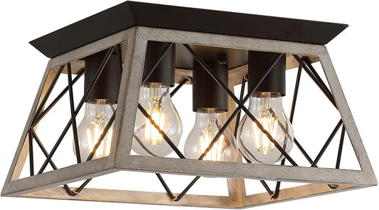 Vintage Farmhouse Flush Mount Ceiling Light Fixture, 4-Light Oak White Semi-Flush Mount Lamp, Rustic Industrial Square Cage Ceiling Light for Dining Room Bedroom Entryway Hallway Kitchen