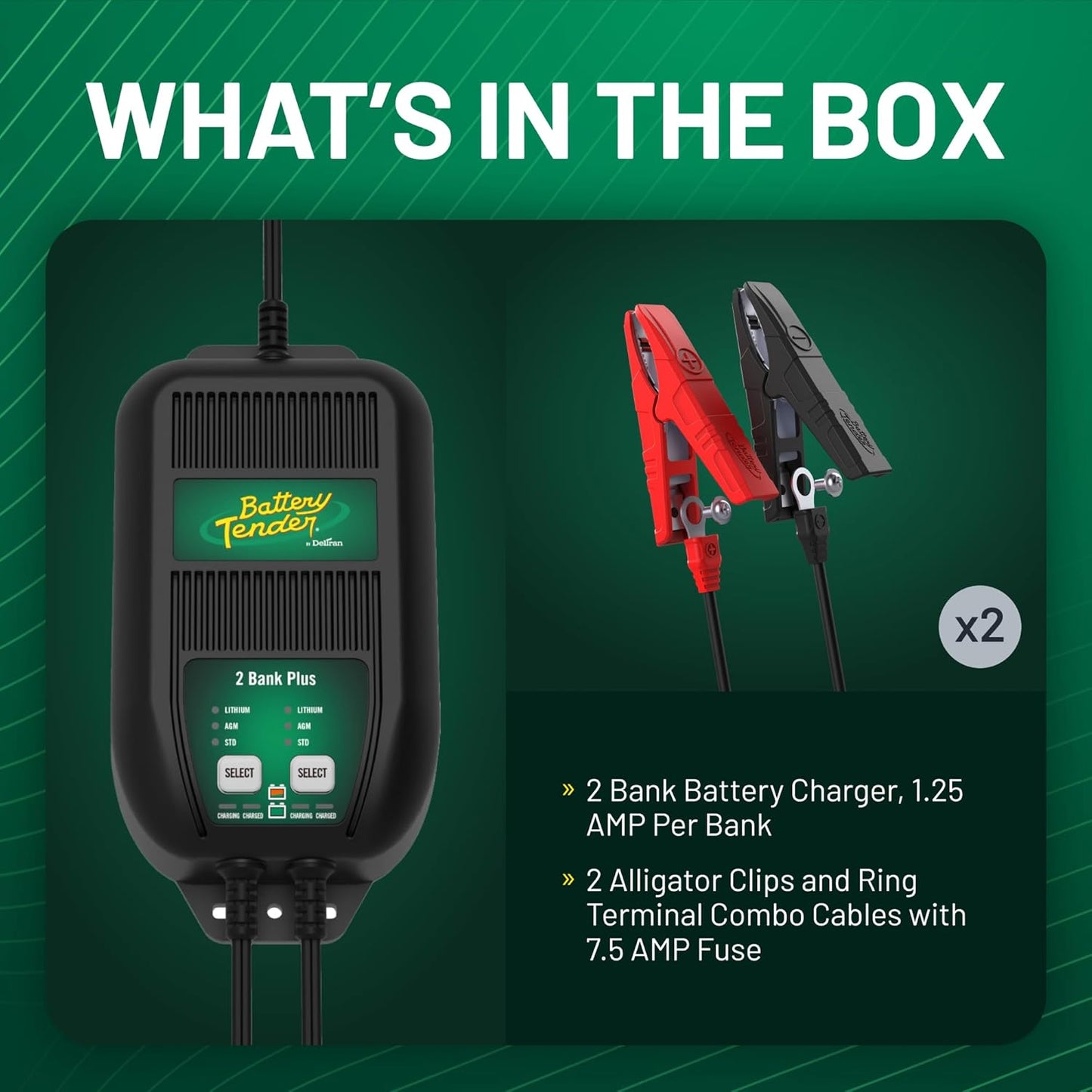plus 2 Bank Multibank Charger - 2.5 AMP (1.25 Amps per Bank) - Smart 12V Multi Battery Charger and Maintainer for Standard, AGM, and Lithium Lifepo4-022-0165-Dl-Wh
