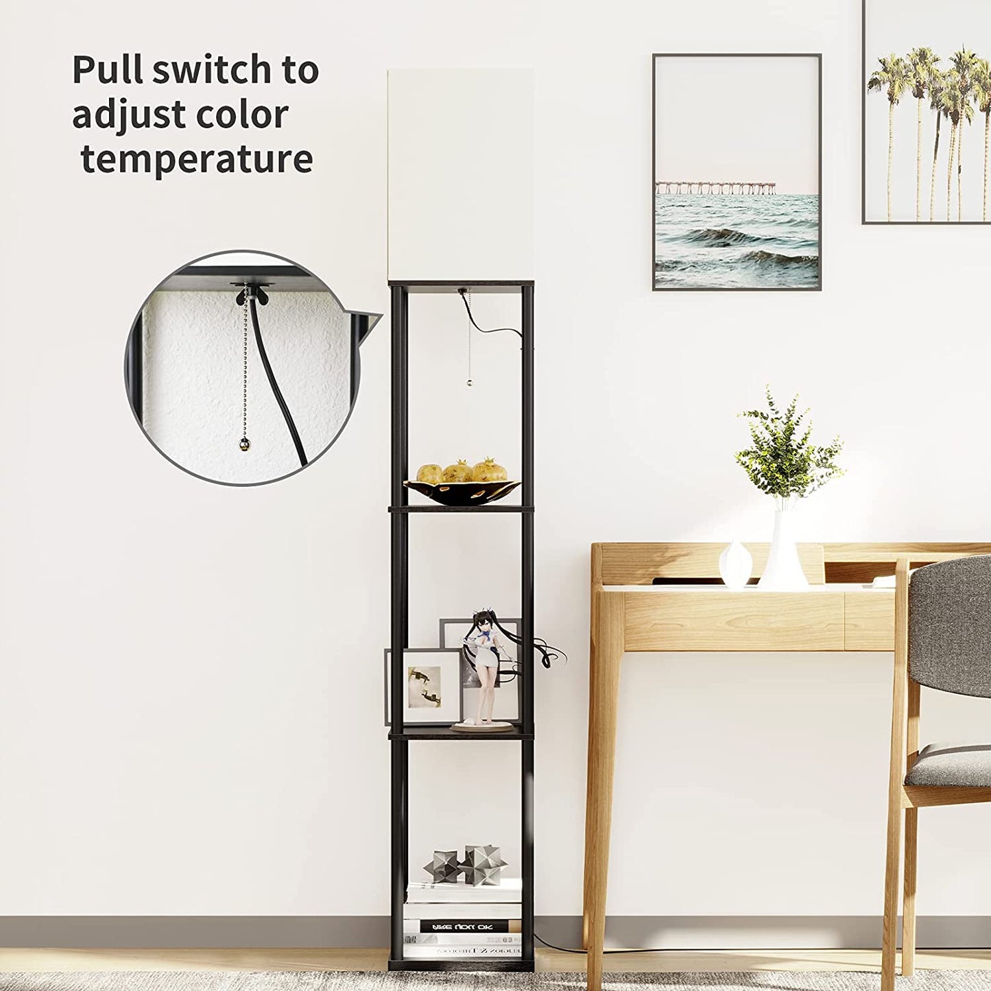 Floor Lamp with Shelves, Standing Lamps for Living Room, Black | 3 CCT LED Bulb Include, 4-Tier Display Bookshelf, 63" Tall Corner Shelf Lamp, Modern Style for Bedroom, Office, Home Decor