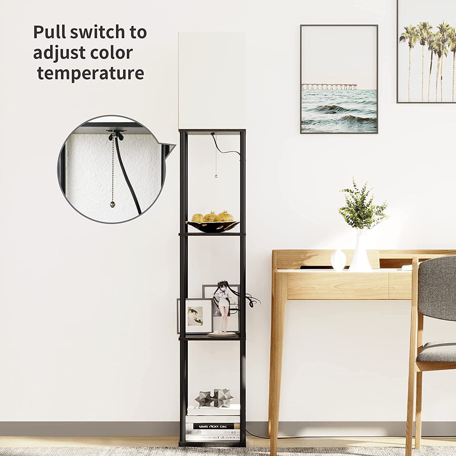 Floor Lamp with Shelves, Standing Lamps for Living Room, Black | 3 CCT LED Bulb Include, 4-Tier Display Bookshelf, 63" Tall Corner Shelf Lamp, Modern Style for Bedroom, Office, Home Decor