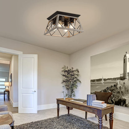 Vintage Farmhouse Flush Mount Ceiling Light Fixture, 4-Light Oak White Semi-Flush Mount Lamp, Rustic Industrial Square Cage Ceiling Light for Dining Room Bedroom Entryway Hallway Kitchen