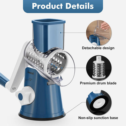 Rotary Cheese Grater Hand Crank, Cheese Shredder Vegetable Slicer | 3 Blades, 430 Stainless Steel, 12X Fast Cutting, Strong Suction Base, No BPA, Dishwasher Safe, for Cheese, Veggie, Nut