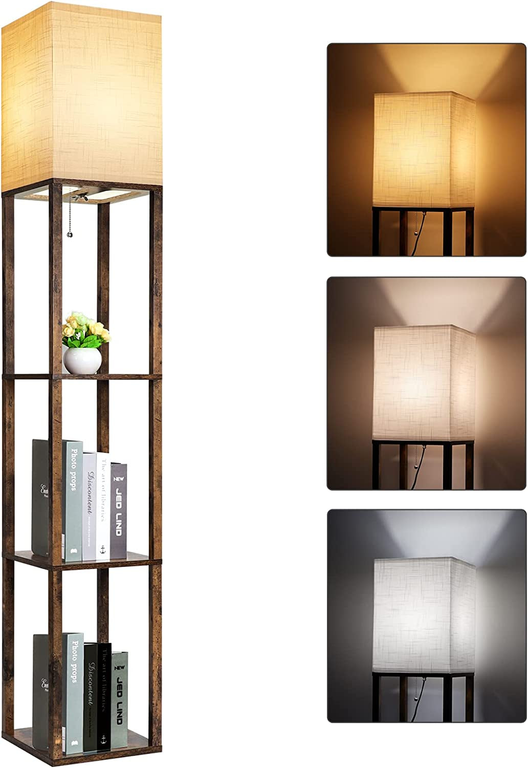 Floor Lamp with Shelves, Modern Shelf Lamp for Display Storage, 3 Color Temperature Wood Narrow Standing Corner Lamp with 8W Bulb for Living Room Decor, Bedroom, Office, Home Decor(Brown)