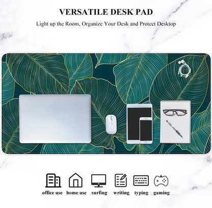 Desk Pad, XL Extended Large Gaming Mouse Pad 31.5 X 11.8 Inch, Waterproof Mousepad with Stitched Edge, Non-Slip Computer Keyboard Laptop Mat for Women Men Office Work, Teal Tropical Leaves