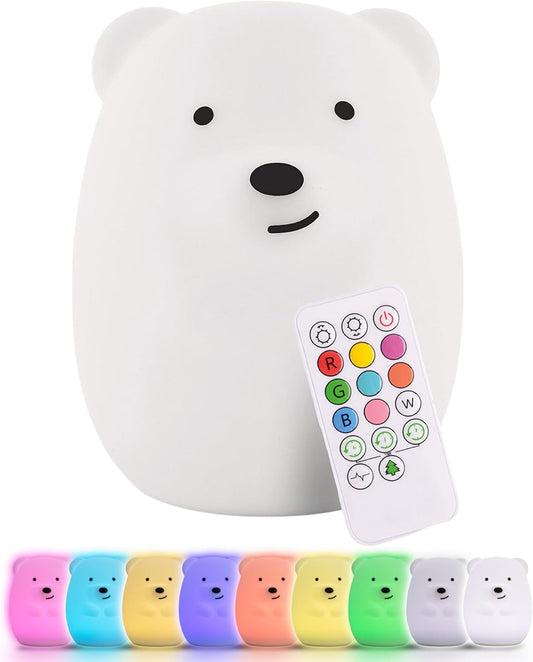 Bear Squishy Night Light for Kids, Silicone Lamp with Remote | Tap Control | Rechargeable 9-Color Changing | Nursery Nightlight for Boys & Girls | Portable Animal Lamp | USB Cord Included