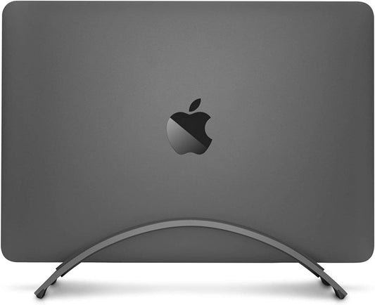 Bookarc for Macbook, Space-Saving Vertical Desktop Stand, Grey | Compact Laptop Stand for Comfortable Desktop Setup, Saves Space While Allowing Connection to Larger Display, Silicone Insert