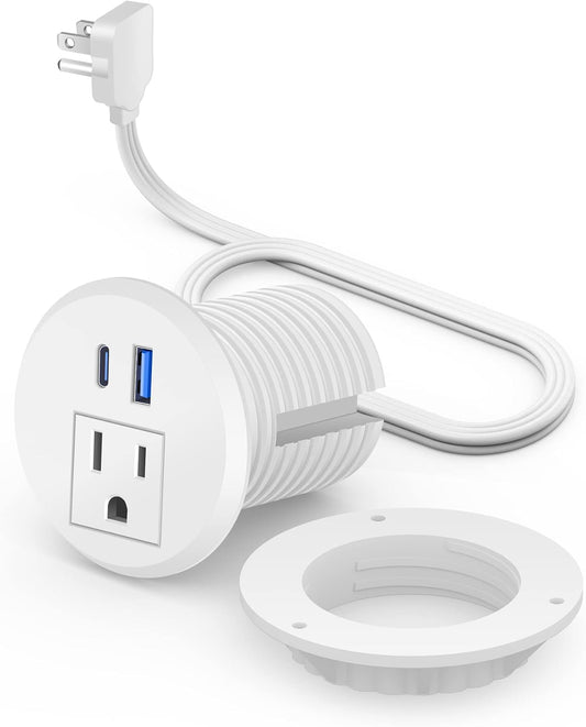 2 Inch Desk Power Grommet with PD 20W USB C,Ultra-Flat Plug Power Strip,Recessed Outlet,Desktop Power Grommet for Office PC Desk Cable Cord Cover,Table Outlets for Home, Office,6 Ft Cable(White) | White,Recessed Outlet,Desktop Power Grommet for Office PC Desk Cable Cord Cover,Table Outlets for Home,Office