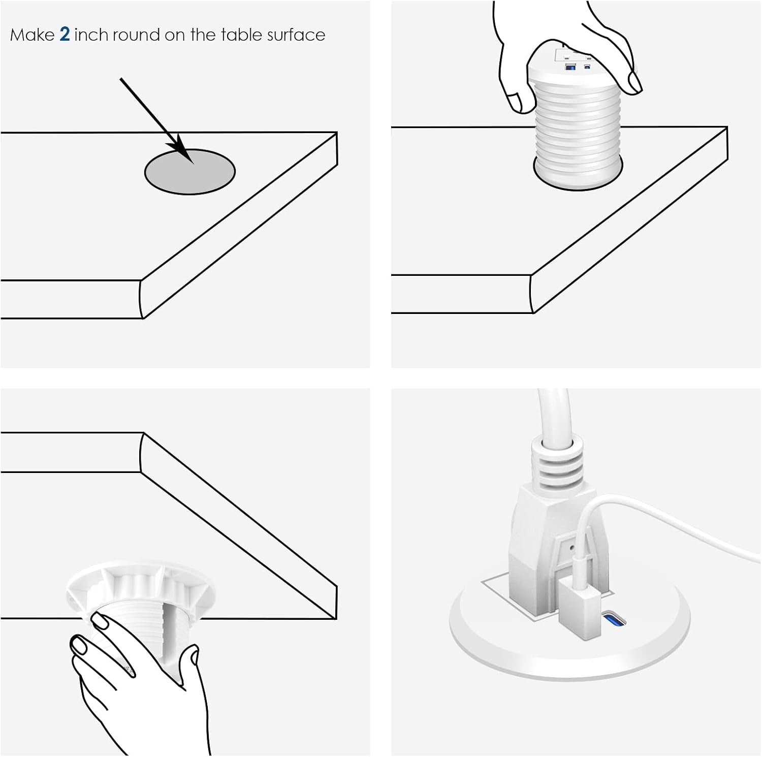 2 Inch Desk Power Grommet with PD 20W USB C,Ultra-Flat Plug Power Strip,Recessed Outlet,Desktop Power Grommet for Office PC Desk Cable Cord Cover,Table Outlets for Home, Office,6 Ft Cable(White) | White,Recessed Outlet,Desktop Power Grommet for Office PC Desk Cable Cord Cover,Table Outlets for Home,Office